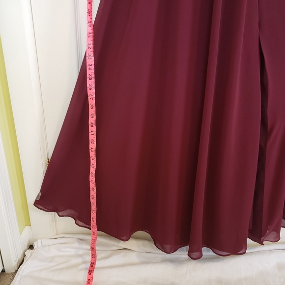 Burgundy Chiffon Beaded Slit Leg V-Neck Gown Dress - Picture 15 of 16